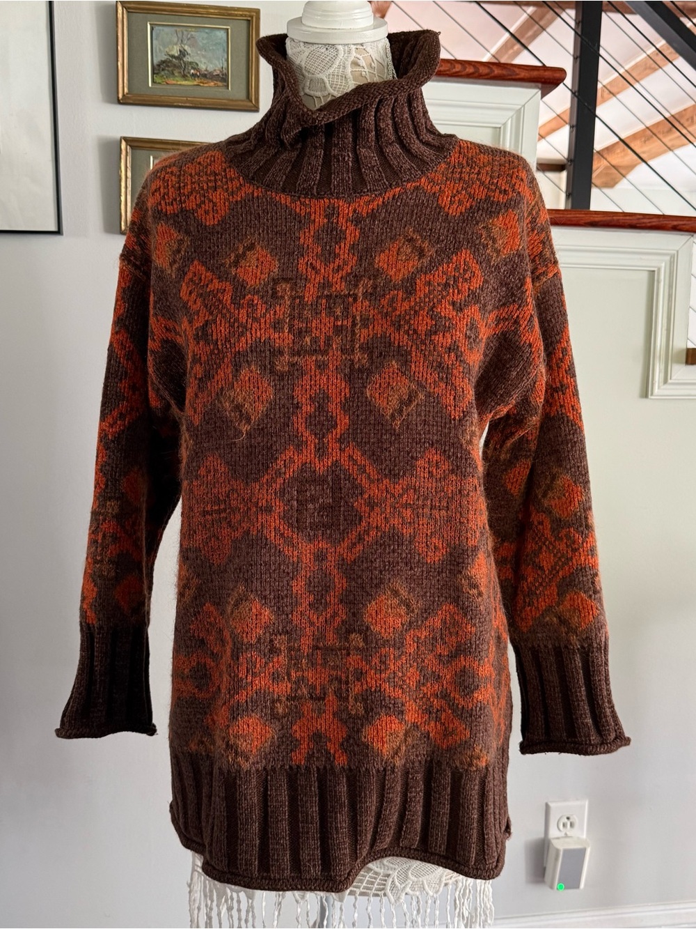 FENDI Zucca Vintage Turtleneck Sweater Orange & Brown Sz 40
